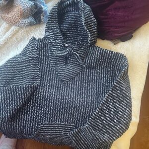 Women's Black & White Hooded Knit Poncho Sweater